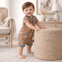 Load image into Gallery viewer, Wild Wrangler/Brown Western Bamboo Shorty Romper for Boys