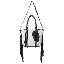 Load image into Gallery viewer, Myra High Plains Hairon Leather Concealed Fringe Carry Bag in Ebony Bone