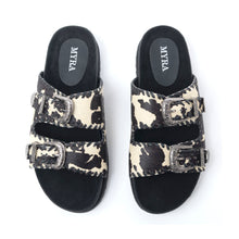 Load image into Gallery viewer, Myra Coyote Crest Hairon Leather Sandals in Vanilla White