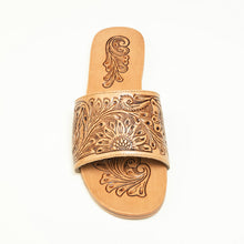 Load image into Gallery viewer, Myra Cactus Lace Handtooled Leather Sandals in Charred Brown