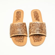 Load image into Gallery viewer, Myra Cactus Lace Handtooled Leather Sandals in Charred Brown