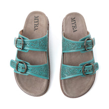 Load image into Gallery viewer, Myra Bluebell Ranch Handtooled Leather Sandals in Alpine Teal