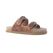 Load image into Gallery viewer, Myra Desert Fern Handtooled Leather Sandals in Autumn Tan