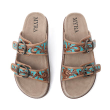 Load image into Gallery viewer, Myra Meadow Sky Handtooled Leather Sandals in Sagewave Blue