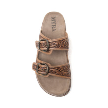 Load image into Gallery viewer, Myra Willow Bloom Handtooled Leather Sandals in Ashen Brown