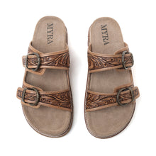 Load image into Gallery viewer, Myra Willow Bloom Handtooled Leather Sandals in Ashen Brown