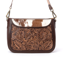 Load image into Gallery viewer, Myra Copper Crest Handtooled Hairon Leather Clutch in Saddle Walnut