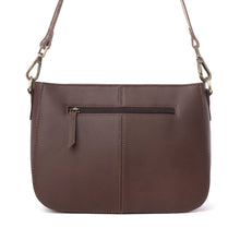 Load image into Gallery viewer, Myra Copper Crest Handtooled Hairon Leather Clutch in Saddle Walnut