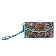 Load image into Gallery viewer, Myra Sunfire Valley Handtooled Hairon Leather Women’s Wallet in Turquoise Pearl