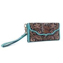 Load image into Gallery viewer, Myra Sunfire Valley Handtooled Hairon Leather Women’s Wallet in Turquoise Pearl