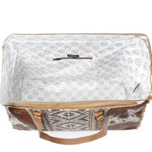 Load image into Gallery viewer, Myra Elisa Leather Weekender Bag - Spacious Cowhide Travel Tote with Tribal Woven Panel and Dual Shoulder Straps