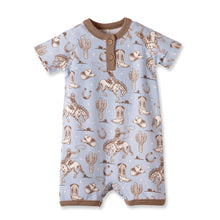 Load image into Gallery viewer, Wild Wrangler/Blue Western Bamboo Shorty Romper for Boys
