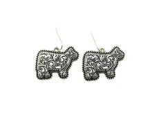 Load image into Gallery viewer, Western Etched Cow Dangle Earrings: Silver
