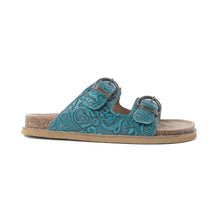 Load image into Gallery viewer, Myra Prairie Wind Embossed Leather Sandals in Western Jade
