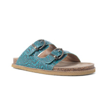 Load image into Gallery viewer, Myra Prairie Wind Embossed Leather Sandals in Western Jade
