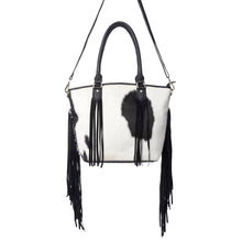 Load image into Gallery viewer, Myra High Plains Hairon Leather Concealed Fringe Carry Bag in Ebony Bone
