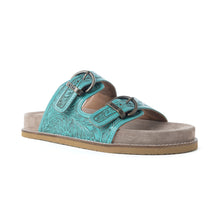 Load image into Gallery viewer, Myra Bluebell Ranch Handtooled Leather Sandals in Alpine Teal
