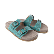 Load image into Gallery viewer, Myra Bluebell Ranch Handtooled Leather Sandals in Alpine Teal
