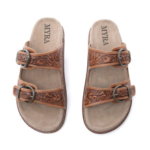 Load image into Gallery viewer, Myra Desert Fern Handtooled Leather Sandals in Autumn Tan

