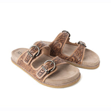 Load image into Gallery viewer, Myra Willow Bloom Handtooled Leather Sandals in Ashen Brown
