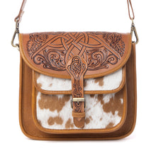Load image into Gallery viewer, Myra Cedar Range Handtooled Hairon Buckle Leather Bag in Chestnut Ivory
