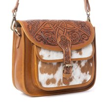 Load image into Gallery viewer, Myra Cedar Range Handtooled Hairon Buckle Leather Bag in Chestnut Ivory
