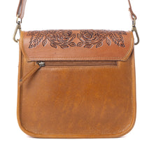 Load image into Gallery viewer, Myra Cedar Range Handtooled Hairon Buckle Leather Bag in Chestnut Ivory
