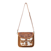 Load image into Gallery viewer, Myra Cedar Range Handtooled Hairon Buckle Leather Bag in Chestnut Ivory
