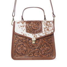 Load image into Gallery viewer, Myra Duchess Hairon Handtooled Flap and Button Leather Satchel in Mocha Cream
