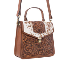 Load image into Gallery viewer, Myra Duchess Hairon Handtooled Flap and Button Leather Satchel in Mocha Cream
