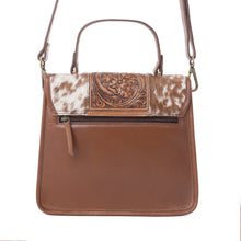 Load image into Gallery viewer, Myra Duchess Hairon Handtooled Flap and Button Leather Satchel in Mocha Cream
