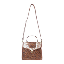 Load image into Gallery viewer, Myra Duchess Hairon Handtooled Flap and Button Leather Satchel in Mocha Cream
