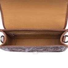 Load image into Gallery viewer, Myra Duchess Hairon Handtooled Flap and Button Leather Satchel in Mocha Cream
