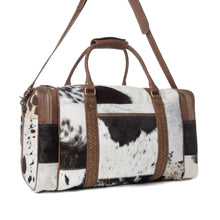 Load image into Gallery viewer, Myra Rustic Vista Handtooled Hairon Ruffle Traveller Bag in Cocoa Frost
