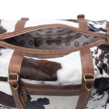 Load image into Gallery viewer, Myra Rustic Vista Handtooled Hairon Ruffle Traveller Bag in Cocoa Frost
