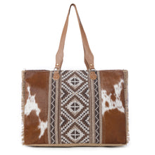 Load image into Gallery viewer, Myra Elisa Leather Weekender Bag - Spacious Cowhide Travel Tote with Tribal Woven Panel and Dual Shoulder Straps
