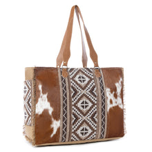 Load image into Gallery viewer, Myra Elisa Leather Weekender Bag - Spacious Cowhide Travel Tote with Tribal Woven Panel and Dual Shoulder Straps
