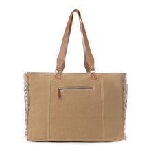 Load image into Gallery viewer, Myra Elisa Leather Weekender Bag - Spacious Cowhide Travel Tote with Tribal Woven Panel and Dual Shoulder Straps
