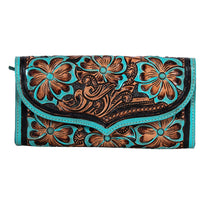 Load image into Gallery viewer, Myra Flower Crest Tooled Leather Wallet Floral Embossed with Turquoise Accents
