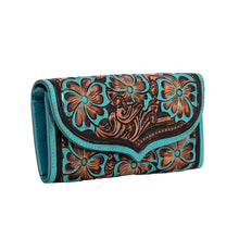 Load image into Gallery viewer, Myra Flower Crest Tooled Leather Wallet Floral Embossed with Turquoise Accents
