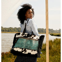 Load image into Gallery viewer, Myra Sea Grass Hair-On Leather Tote - Spacious Cowhide Bag with Embossed Front Pocket for Everyday Elegance
